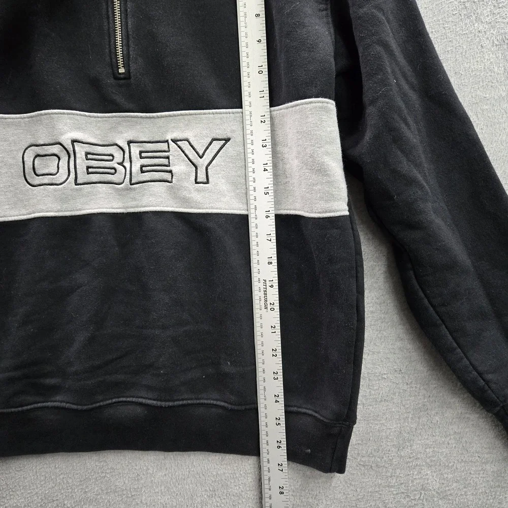 OBEY Men Sweatshirt M Black Chest Text Embroidery Colorblock Fleece 1/4 Zip Logo